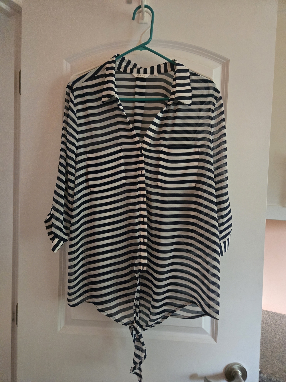 Striped Tie-Hem Button Front Top - Navy & White
